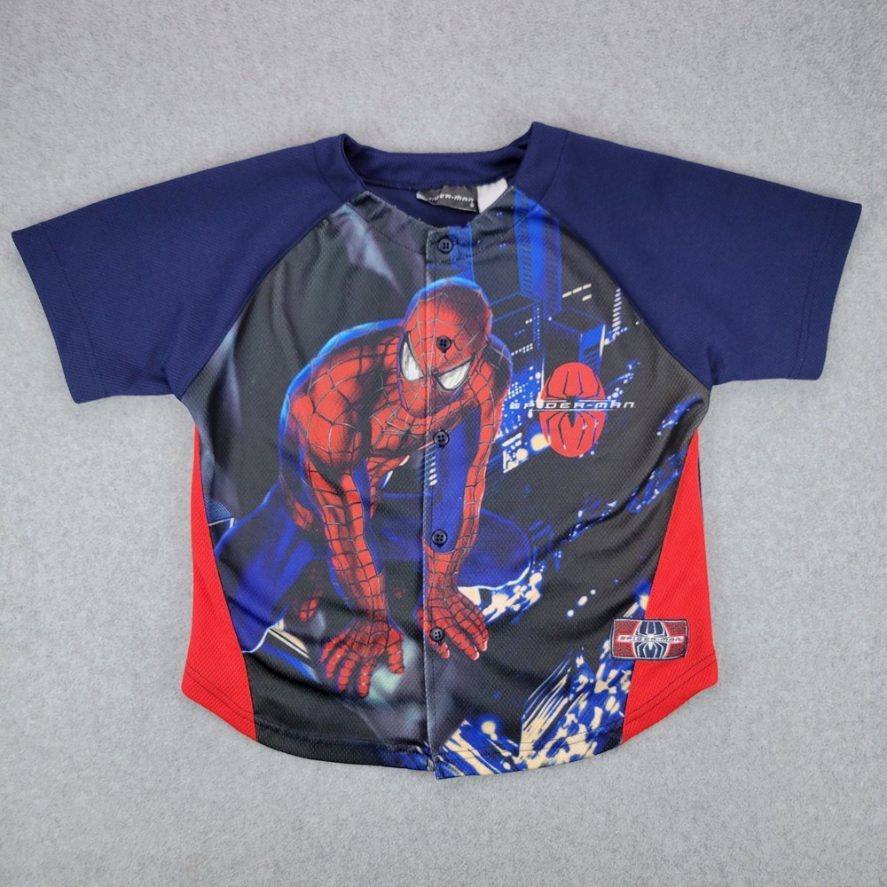 Spider-Man Baseball Jersey Kids 7 Blue Graphic Mesh Y2K Toby Button Up Marvel